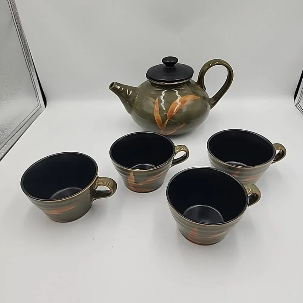 Pier 1 Dakara Hand-Painted Stoneware Tea pot Cups Set Of 4 Green Beige